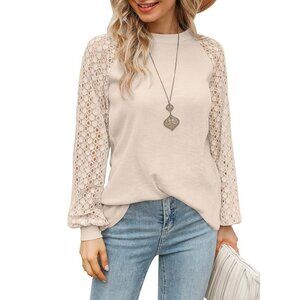 Miholl Top Size XXL Waffle Knit Lace Long Sleeve Blouse Crewneck Blush Neutral